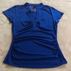 V neck 1/4 zip Short sleeve blue top